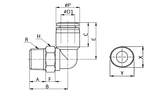 Bản vẽ kỹ thuật Đầu Nối Khí Cong Ren Ngoài SANG-A GPL1202