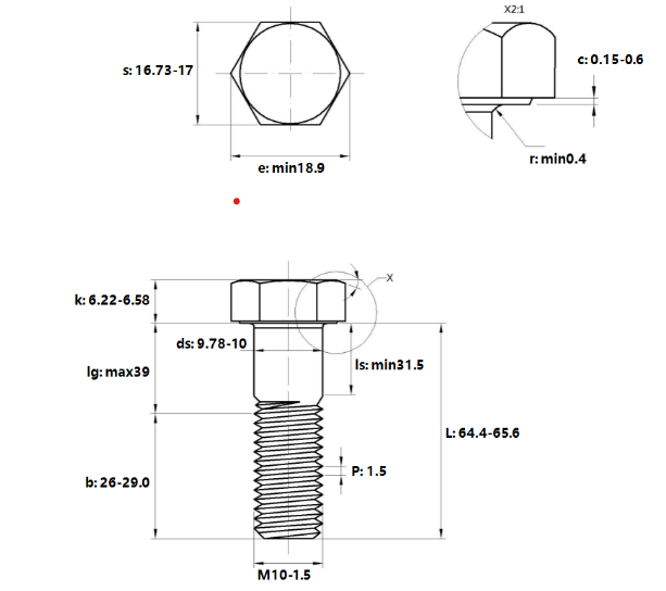 Bản vẽ kỹ thuật Bulong Thép Đen 10.9 DIN931 M10x65 Ren Lửng