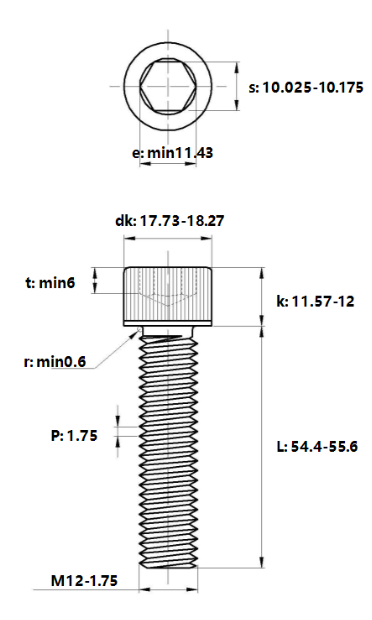 Bản vẽ kỹ thuật Lục Giác Chìm Đầu Trụ Thép Mạ Kẽm Trắng Cr3+ 12.9 DIN912 M12x55