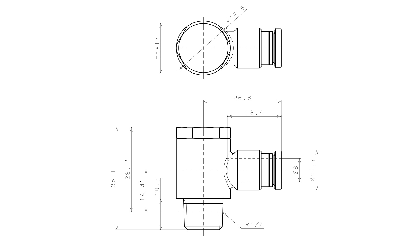 Bản vẽ kỹ thuật Đầu Nối Nhanh Khí Nén Cong 90° Đầu Lục Giác Trụ Ren Ngoài Pisco KH8-02-1-F
