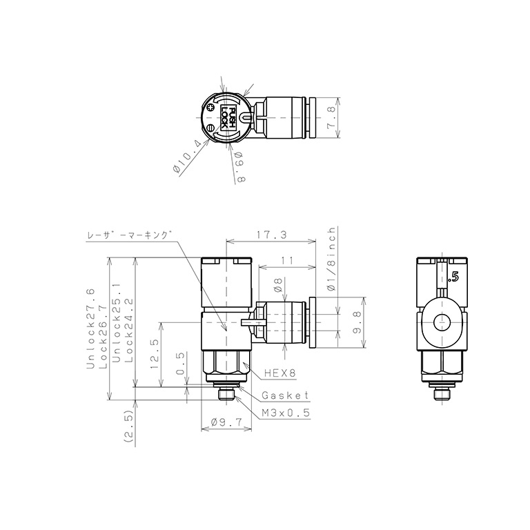 Bản vẽ kỹ thuật Van Tiết Lưu Khí Nén Loại Khóa Đẩy Có Hiển Thị Chỉ Số Pisco JSGC1/8-M3BLW