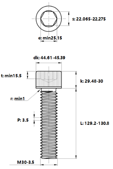 Bản vẽ kỹ thuật Lục Giác Chìm Đầu Trụ Thép Đen 12.9 DIN912 M30x130