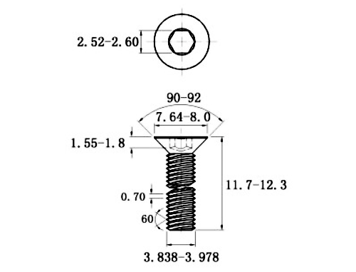 Bản vẽ kỹ thuật Lục Giác Chìm Col Thép Mạ Kẽm Trắng Cr3+ 10.9 DIN7991 M4x12 (50Cái/Bịch)