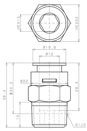 Bản vẽ kỹ thuật Đầu Nối Nhanh Khí Nén Dạng Thẳng Thân Lục Giác Ren Ngoài Pisco APC12-04-N
