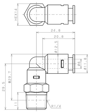 Bản vẽ kỹ thuật Đầu Nối Nhanh Khí Nén Dạng Cong 90° Ren Ngoài Pisco APL6-02-TP-C
