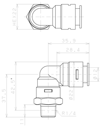 Bản vẽ kỹ thuật Đầu Nối Nhanh Khí Nén Dạng Cong 90° Ren Ngoài Pisco APL12-02-E