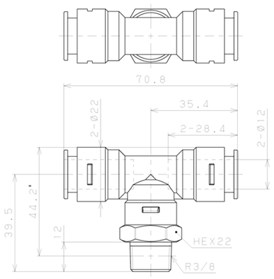 Bản vẽ kỹ thuật Đầu Nối Nhanh Khí Nén Dạng Chữ T Ren Ngoài Pisco APB12-03-E-C