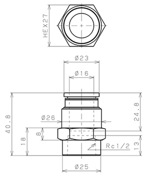 Bản vẽ kỹ thuật Đầu Nối Nhanh Khí Nén Thẳng Phi 16mm Ren Trong R1/2 Pisco PCF16-04