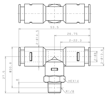 Bản vẽ kỹ thuật Đầu Nối Nhanh Khí Nén Dạng Chữ T Ren Ngoài Pisco APB8-01