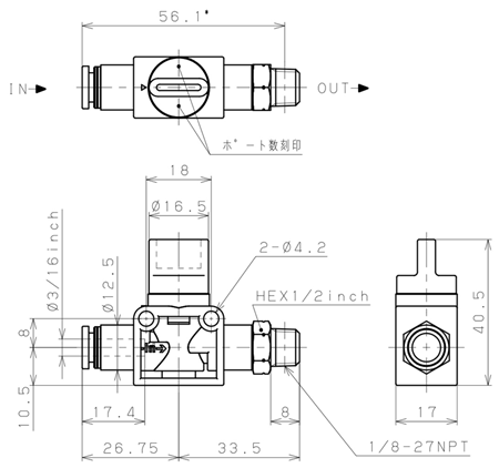 Bản vẽ kỹ thuật Van Tay Khí Nén Pisco HV3/16-N1U