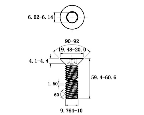 Bản vẽ kỹ thuật Lục Giác Chìm Col Thép Đen 10.9 DIN7991 M10x60