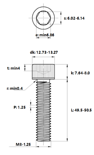 Bản vẽ kỹ thuật Lục Giác Chìm Đầu Trụ Thép Mạ Kẽm Trắng Cr3+ 12.9 DIN912 M8x50