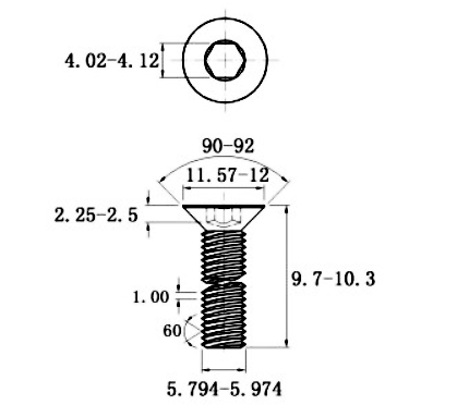 Bản vẽ kỹ thuật Lục Giác Chìm Col Thép Mạ Kẽm Trắng Cr3+ 10.9 DIN7991 M6x10 (25Cái/Bịch)