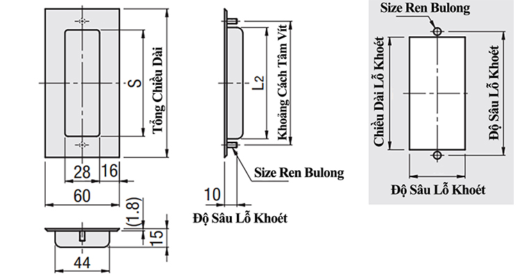 Bản vẽ kỹ thuật Tay Nắm Cửa Âm Inox 304 Đánh Xước L 100 mm (UWAUNS120)