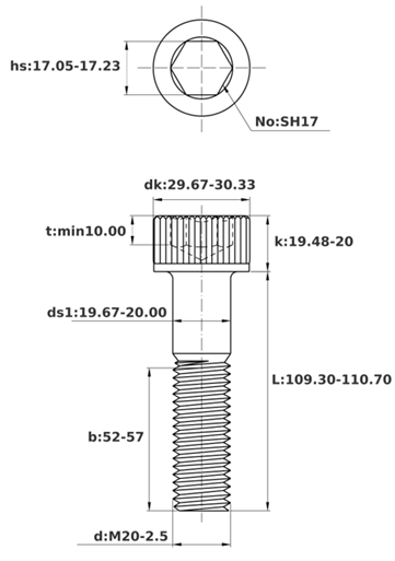 Bản vẽ kỹ thuật Lục Giác Chìm Đầu Trụ Thép Mạ Kẽm Trắng Cr3+ 12.9 DIN912 M20x110 Ren Lửng