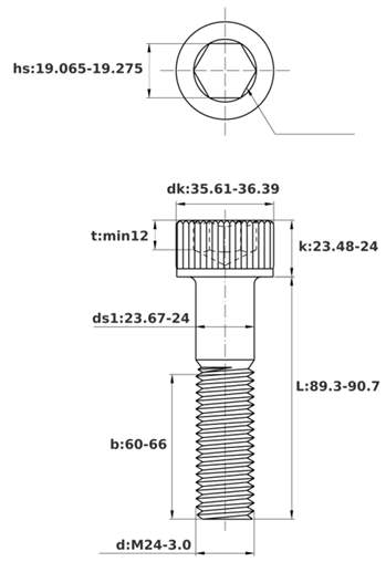 Bản vẽ kỹ thuật Lục Giác Chìm Đầu Trụ Thép Đen 12.9 DIN912 M24x90 Ren Lửng