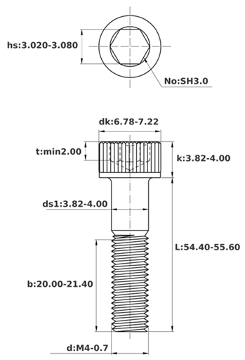 Bản vẽ kỹ thuật Lục Giác Chìm Đầu Trụ Thép Mạ Kẽm Trắng Cr3+ 12.9 DIN912 M4x55 Ren Lửng