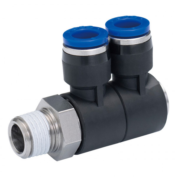 Đầu Nối Nhanh Khí Nén Hai Nhánh Cong 90° Thân Lục Giác Trụ Ren Ngoài Pisco SPHW8-04