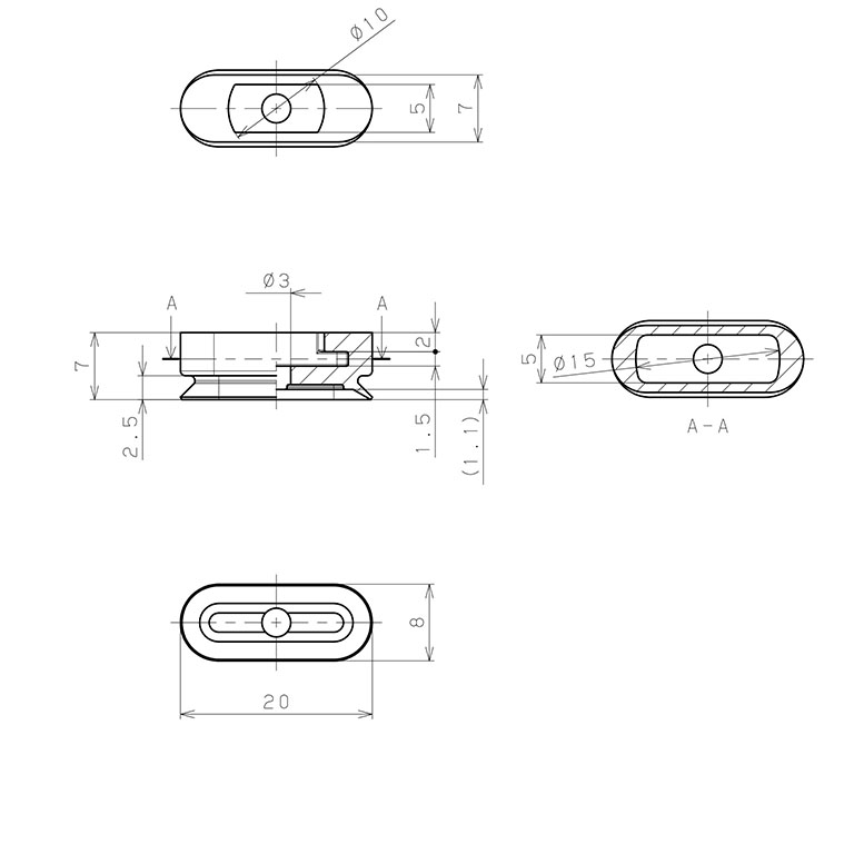 Bản vẽ kỹ thuật Đầu Nấm Hút Chân Không Hình Oval Bầu Dục, Fluoro,  O.D , Pisco VP8x20EF