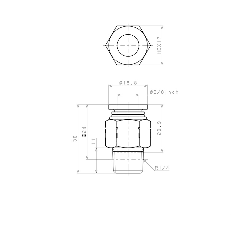 Bản vẽ kỹ thuật Đầu Nối Nhanh Khí Nén Dạng Thẳng Thân Lục Giác Ren Ngoài Pisco PPC3/8-02SUS-UC