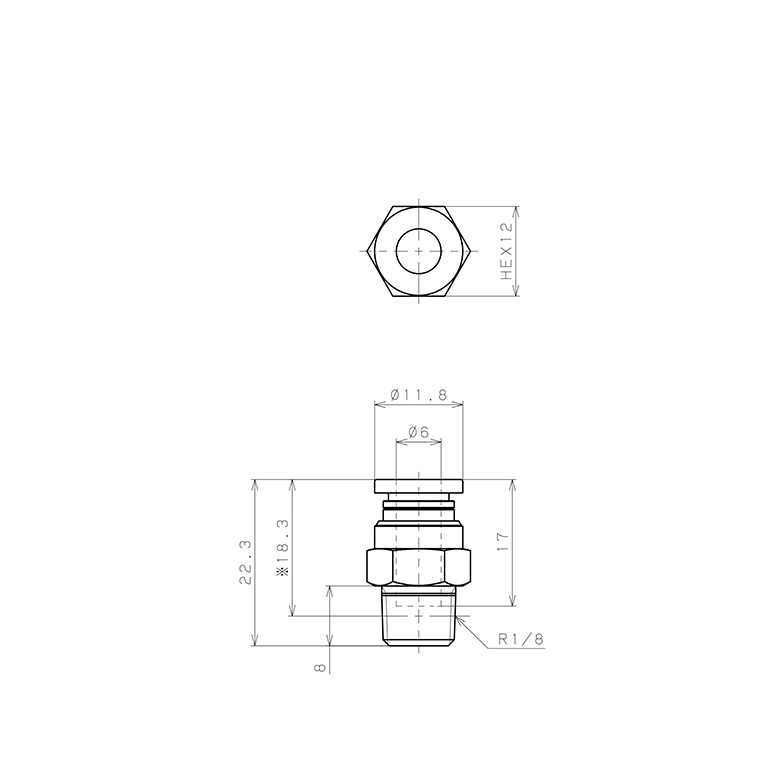 Bản vẽ kỹ thuật Đầu Nối Nhanh Khí Nén Dạng Thẳng Thân Lục Giác Ren Ngoài Pisco PC6-01EG