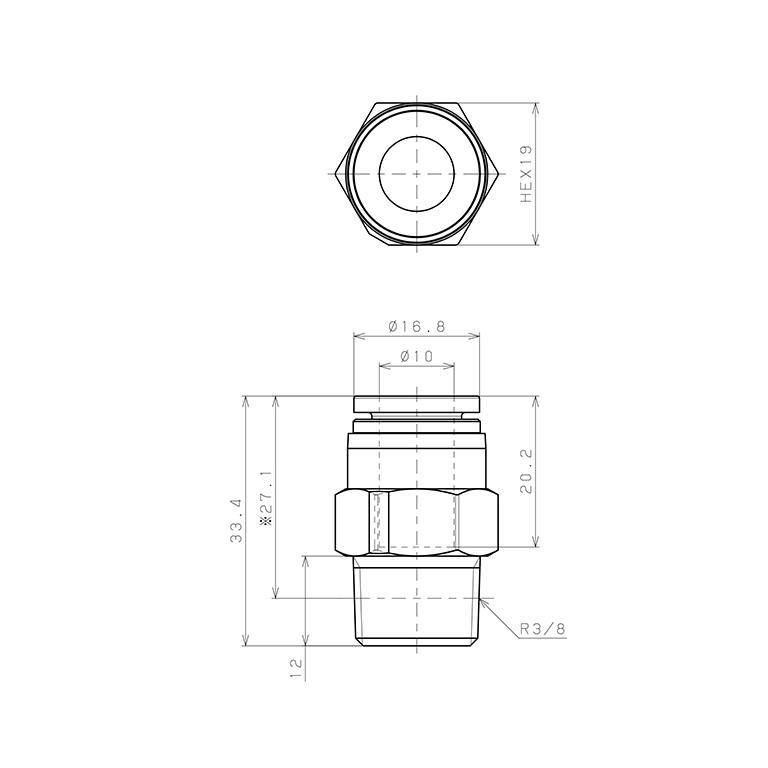 Bản vẽ kỹ thuật Đầu Nối Nhanh Khí Nén Dạng Thẳng Thân Lục Giác Ren Ngoài Pisco SPPC10-03