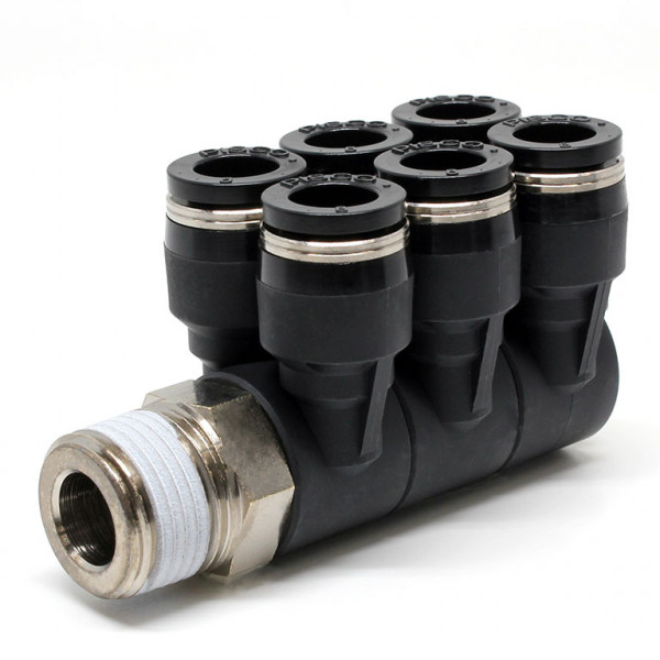 Đầu Nối Nhanh Khí Nén Sáu Nhánh Cong 90° Thân Lục Giác Trụ Ren Ngoài Pisco PAT8-03-UC