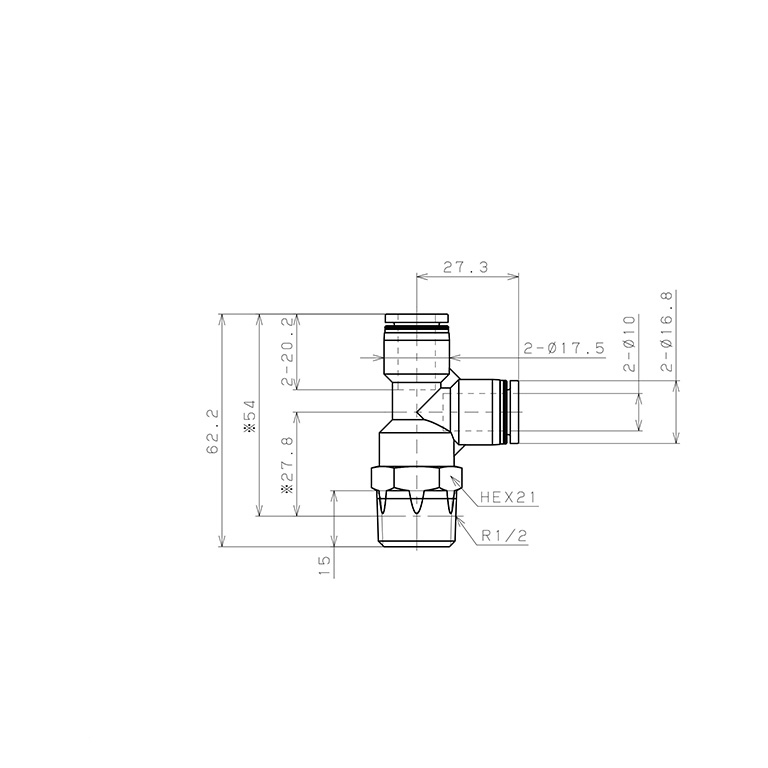 Bản vẽ kỹ thuật Đầu Nối Nhanh Khí Nén Dạng Chữ T Ren Ngoài Pisco PD10-04W-C