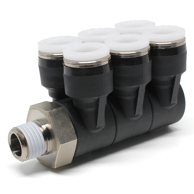 Đầu Nối Nhanh Khí Nén Sáu Nhánh Cong 90° Thân Lục Giác Trụ Ren Ngoài Pisco PAT3/8-N2U