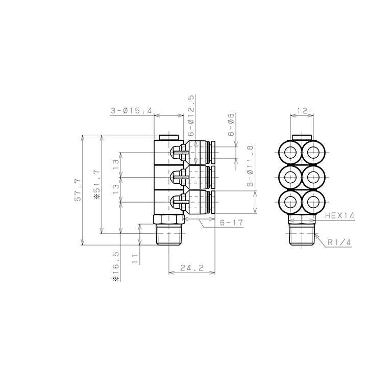 Bản vẽ kỹ thuật Đầu Nối Nhanh Khí Nén Sáu Nhánh Cong 90° Thân Lục Giác Trụ Ren Ngoài Pisco PAT6-02