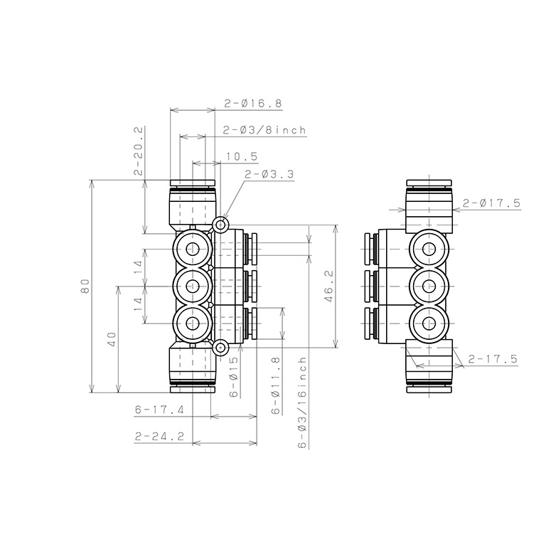 Bản vẽ kỹ thuật Đầu Nối Nhanh Khí Nén Chữ T 8 Ngã Dạng Nối Giảm Pisco PKVG3/8-3/16