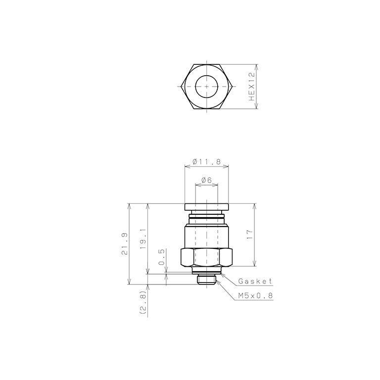 Bản vẽ kỹ thuật Đầu Nối Nhanh Khí Nén Dạng Thẳng Thân Lục Giác Ren Ngoài Pisco PC6-M5W