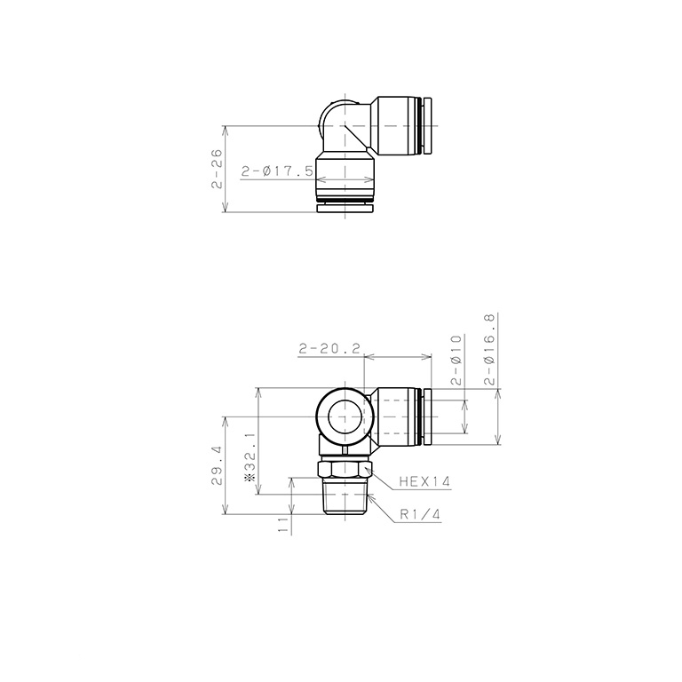 Bản vẽ kỹ thuật Đầu Nối Nhanh Khí Nén Hai Nhánh Chạc Ba Cong 90° Ren Ngoài Pisco PVX10-02-C