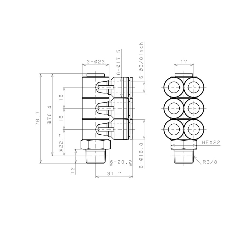 Bản vẽ kỹ thuật Đầu Nối Nhanh Khí Nén Sáu Nhánh Cong 90° Thân Lục Giác Trụ Ren Ngoài Pisco PAT3/8-03