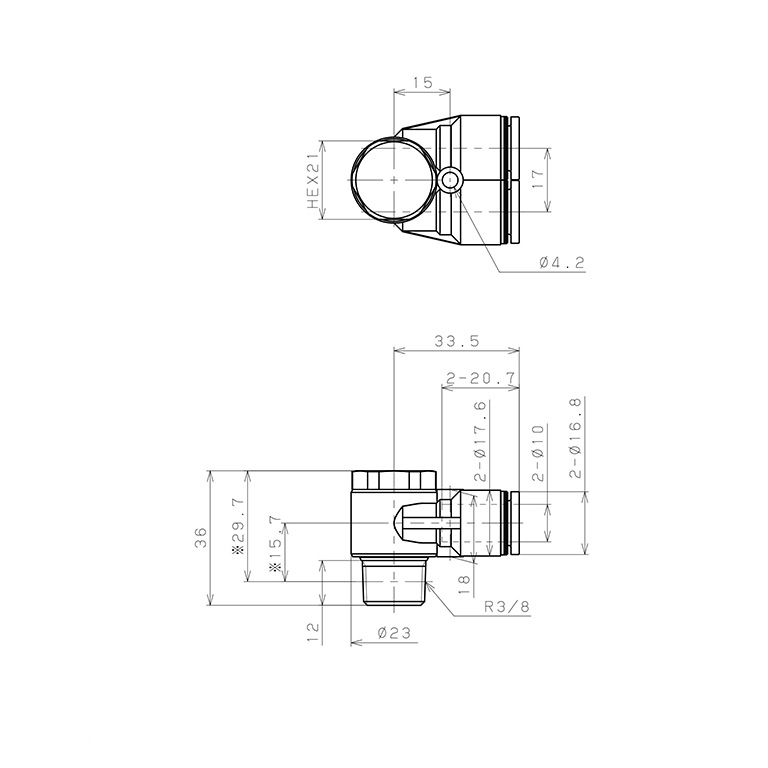 Bản vẽ kỹ thuật Đầu Nối Nhanh Khí Nén Hai Nhánh Cong 90° Đầu Lục Giác Trụ Ren Ngoài Pisco PA10-03W