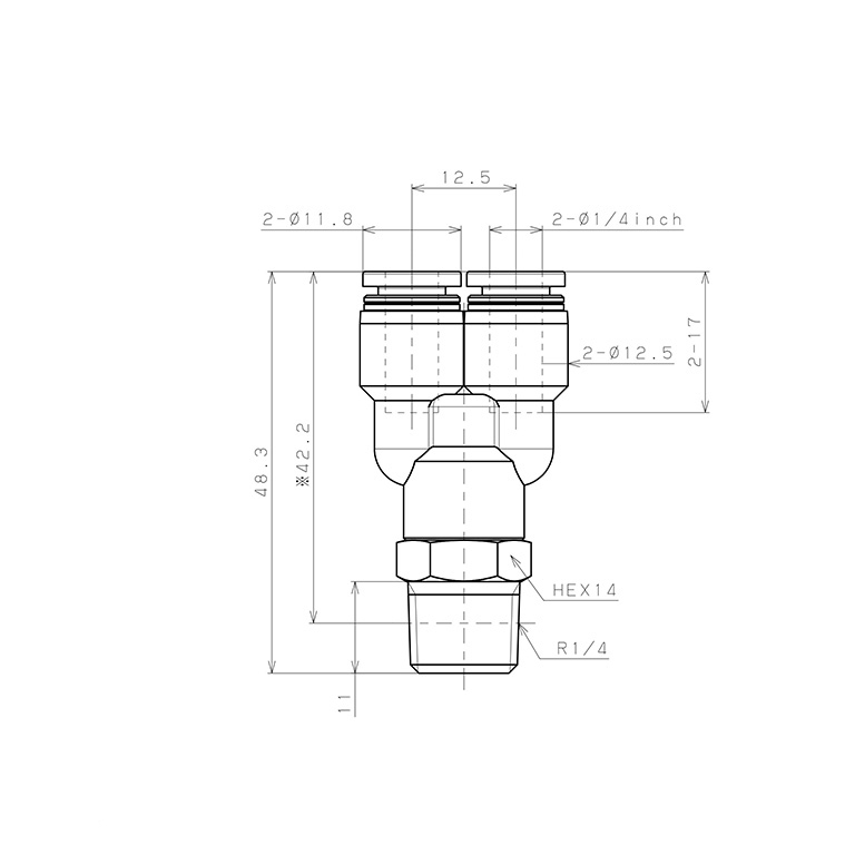 Bản vẽ kỹ thuật Đầu Nối Nhanh Khí Nén Dạng Chữ Y Ren Ngoài Pisco PX1/4-02W