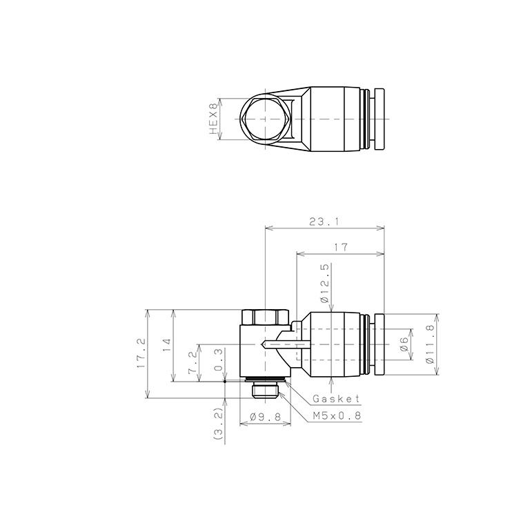 Bản vẽ kỹ thuật Đầu Nối Nhanh Khí Nén Cong 90° Đầu Lục Giác Trụ Ren Ngoài Pisco PH6-M5-C