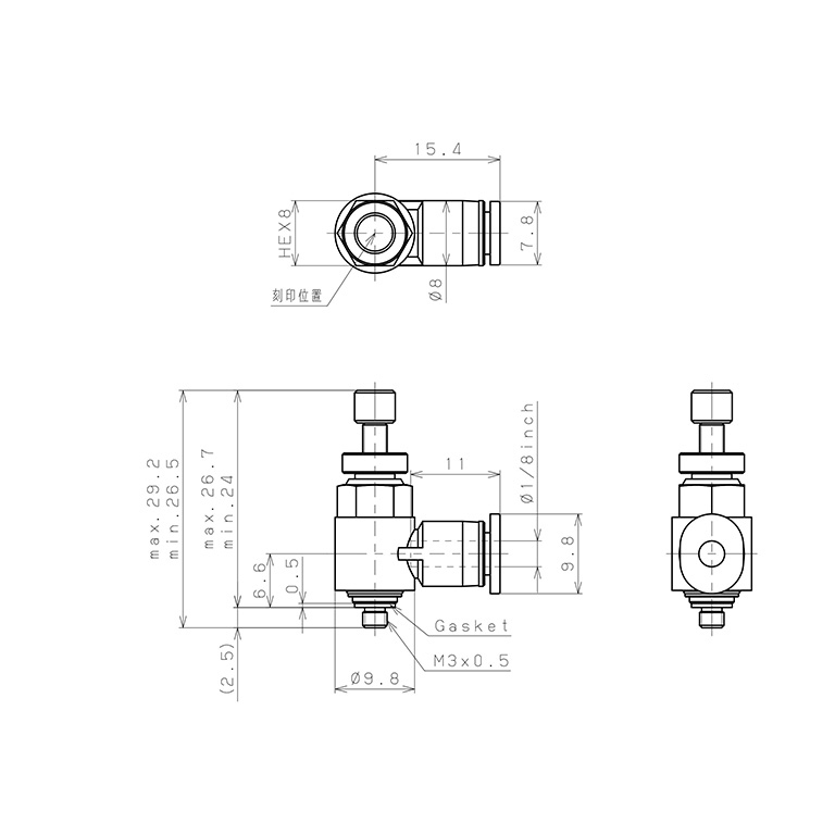 Bản vẽ kỹ thuật Van Tiết Lưu Khí Nén Pisco JSC1/8-M3AK