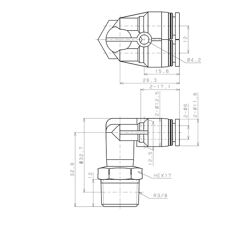 Bản vẽ kỹ thuật Đầu Nối Nhanh Khí Nén Hai Nhánh Cong 90° Ren Ngoài Pisco PAX6-03SUS
