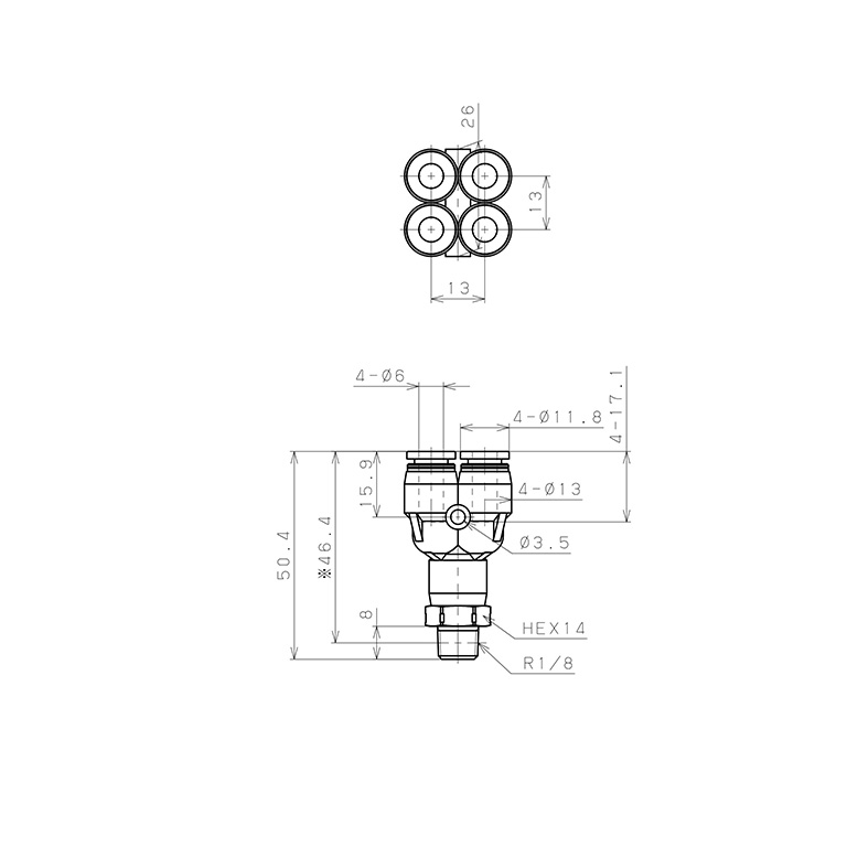 Bản vẽ kỹ thuật Đầu Nối Nhanh Khí Nén Dạng Chữ Y Bốn Nhánh Ren Ngoài Pisco PRX6-01SUS