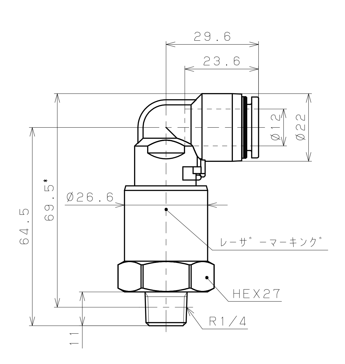 Bản vẽ kỹ thuật Đầu Nối Nhanh Khí Nén Dạng Cong 90° Ren Ngoài Có Khớp Xoay Pisco RAL12-02SUS-F