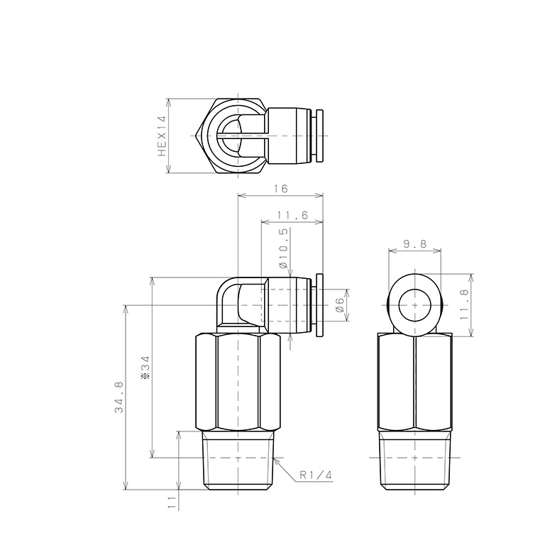 Bản vẽ kỹ thuật Đầu Nối Nhanh Khí Nén Dạng Cong 90° Ren Ngoài (Dài) Pisco PLL6-02M