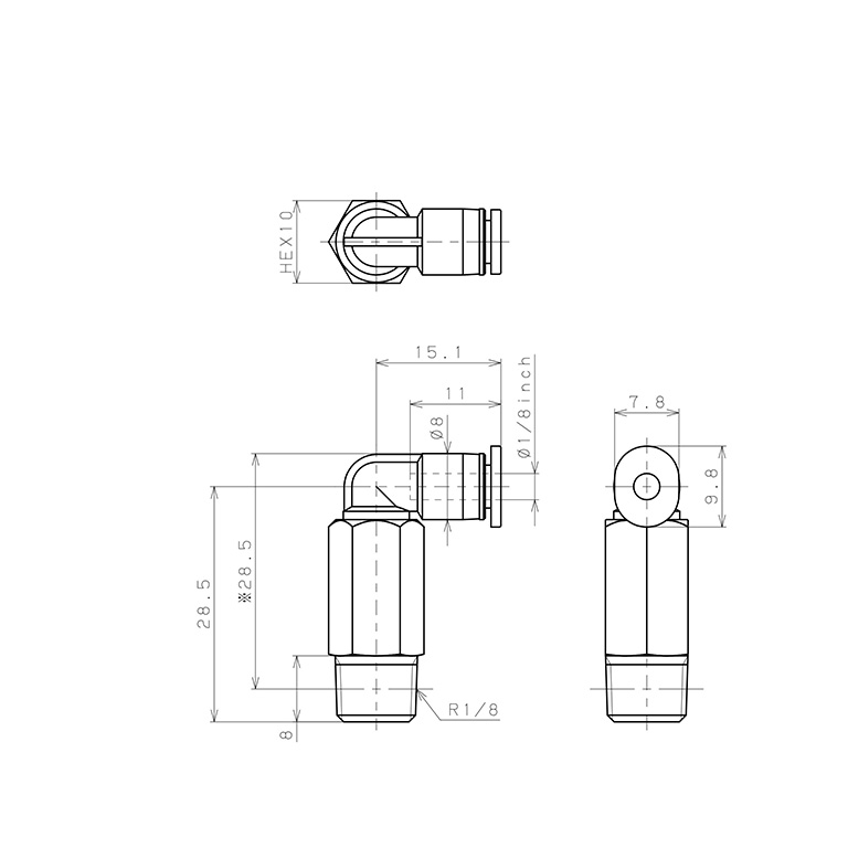 Bản vẽ kỹ thuật Đầu Nối Nhanh Khí Nén Dạng Cong 90° Ren Ngoài (Dài) Pisco PLL1/8-01M