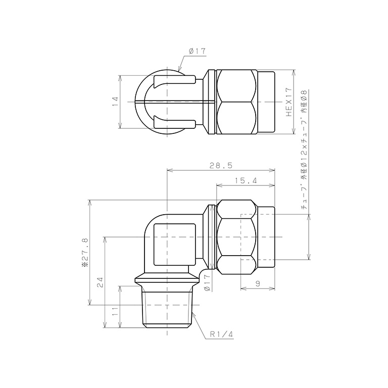 Bản vẽ kỹ thuật Đầu Ngạnh Nối Ống Có Đai Ốc Xiết Dạng Cong 90° Ren Ngoài Pisco NKL1280-02