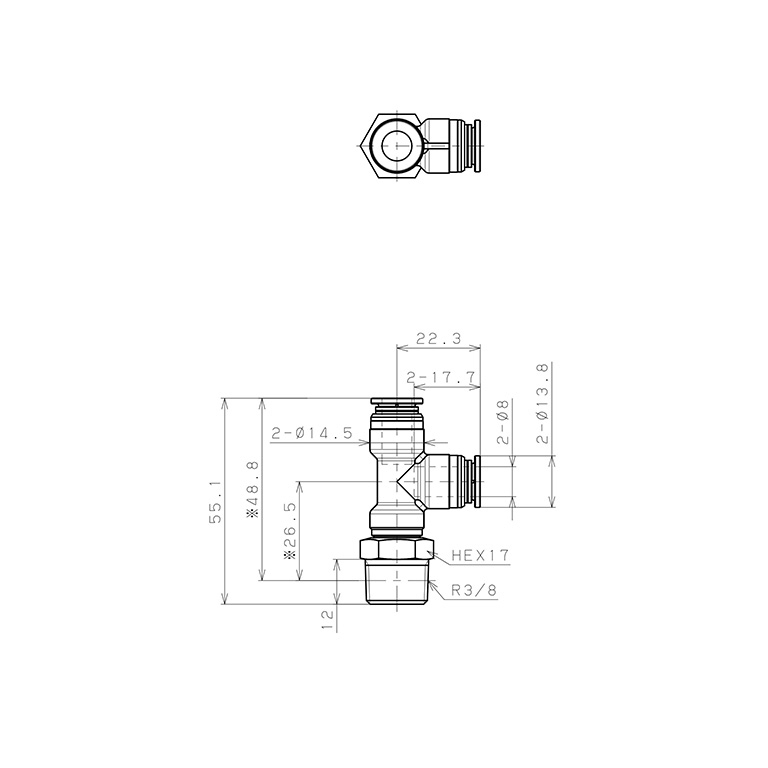 Bản vẽ kỹ thuật Đầu Nối Nhanh Khí Nén Dạng Chữ T Ren Ngoài Pisco KD8-03-1
