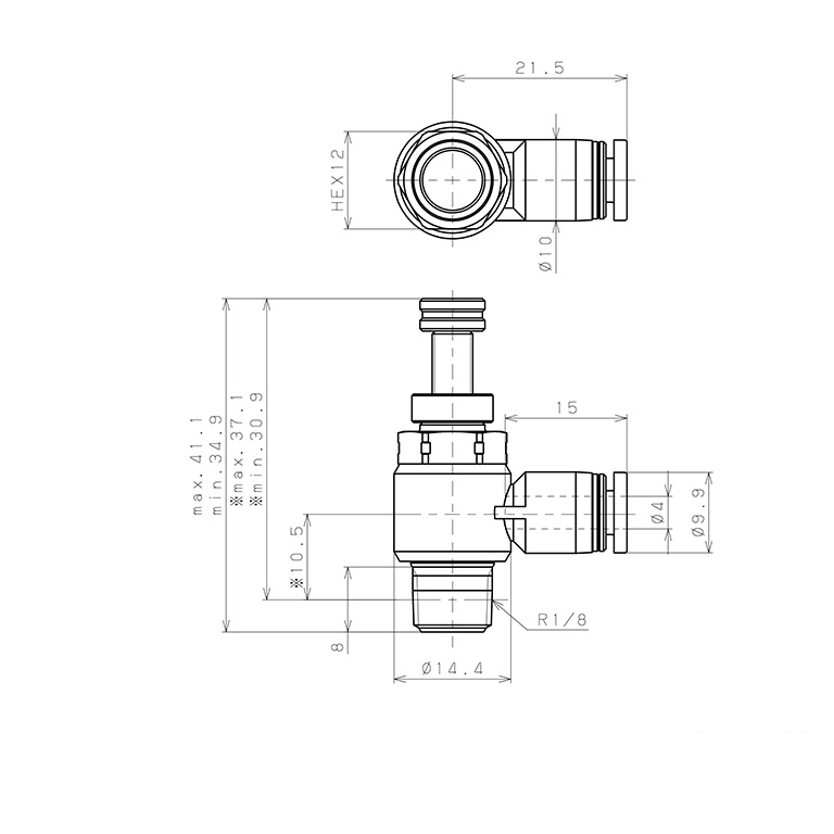 Bản vẽ kỹ thuật Van Tiết Lưu Khí Nén Chân Kim, Nhựa PP Và Inox 304 Pisco PJNC4-01-F-S