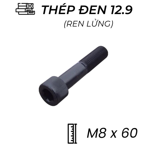 Lục Giác Chìm Đầu Trụ Thép Đen 12.9 DIN912 M8x60 Ren Lửng (25Cái/Bịch)