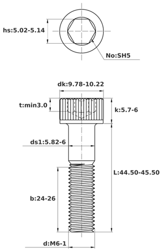 Bản vẽ kỹ thuật Lục Giác Chìm Đầu Trụ Inox 316 DIN912 M6x45 Ren Lửng