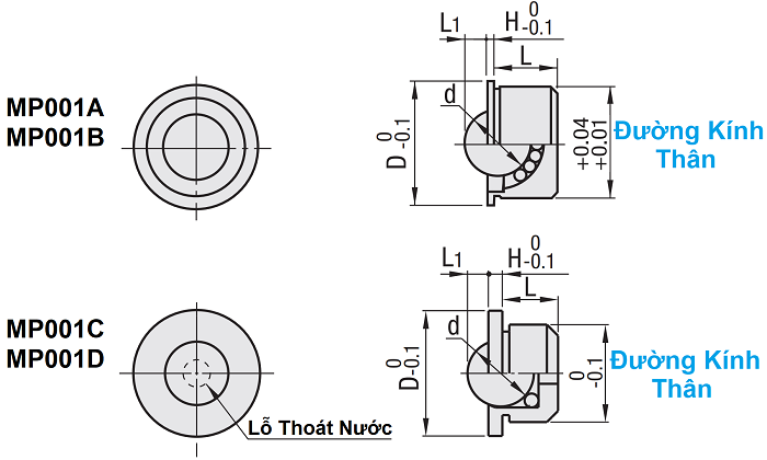 Bản vẽ kỹ thuật Con Lăn Bi Loại Ép Chặt Nhựa POM SUS404C 7mm BCHJJ7
