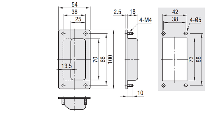 Bản vẽ kỹ thuật Tay Nắm Cửa Âm Inox 304 W 54 mm x L 100 mm (UWUANAB)